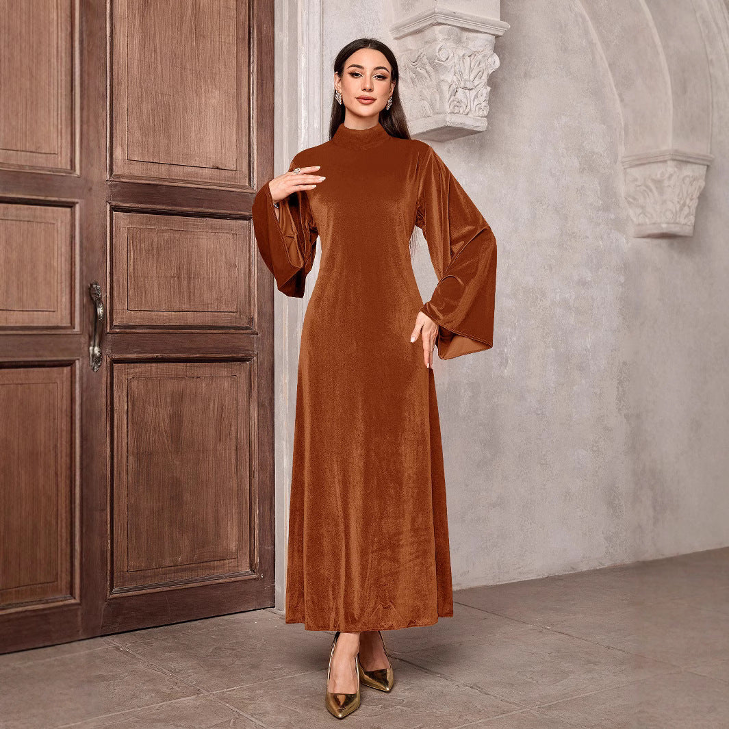 Women's maxi dress made of velvet with stand-up collar and bell sleeves Mune Fashion