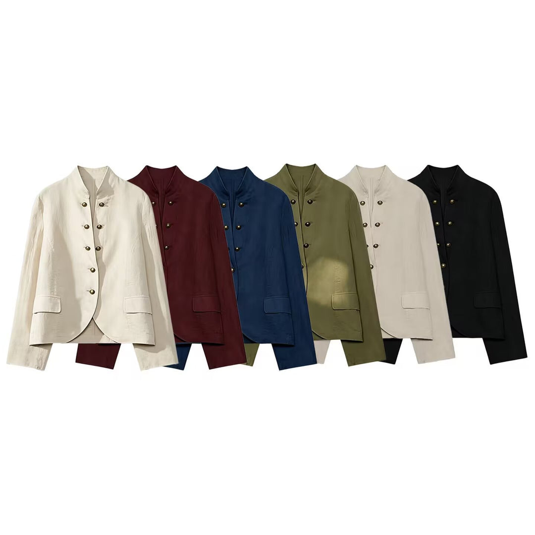 Women's short blazer in military style with stand-up collar and decorative metal buttons Mune Fashion