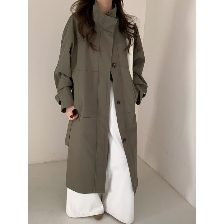 Women Lightweight Oversized Trench Coat with Stand Collar and Large Pockets Mune Fashion