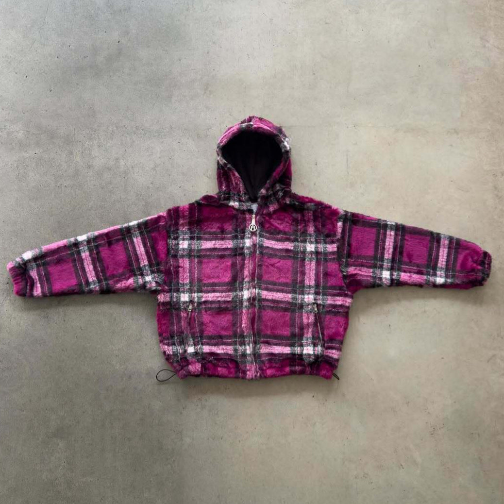Unisex non-padded plaid fleece bomber jacket with hood drawstring and zippered pockets Mune Fashion