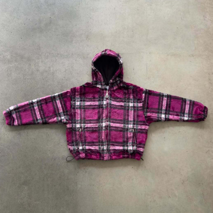 Unisex non-padded plaid fleece bomber jacket with hood drawstring and zippered pockets Mune Fashion