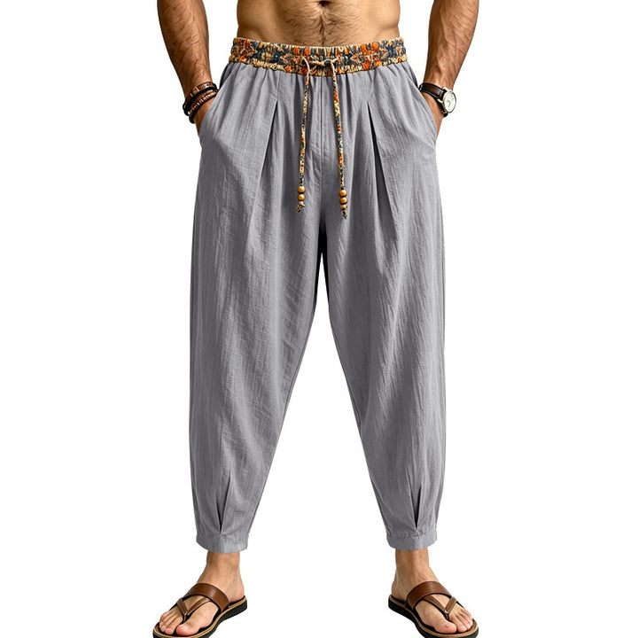Men's Casual Harem Pants with Patterned Drawstring Waist and Tapered Ankle Cuffs Mune Fashion