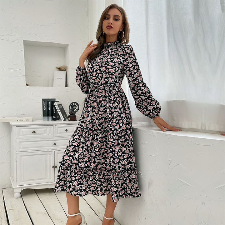 Women Elegant Long Sleeve Dress with Floral Pattern and Ruffle Details Mune Fashion