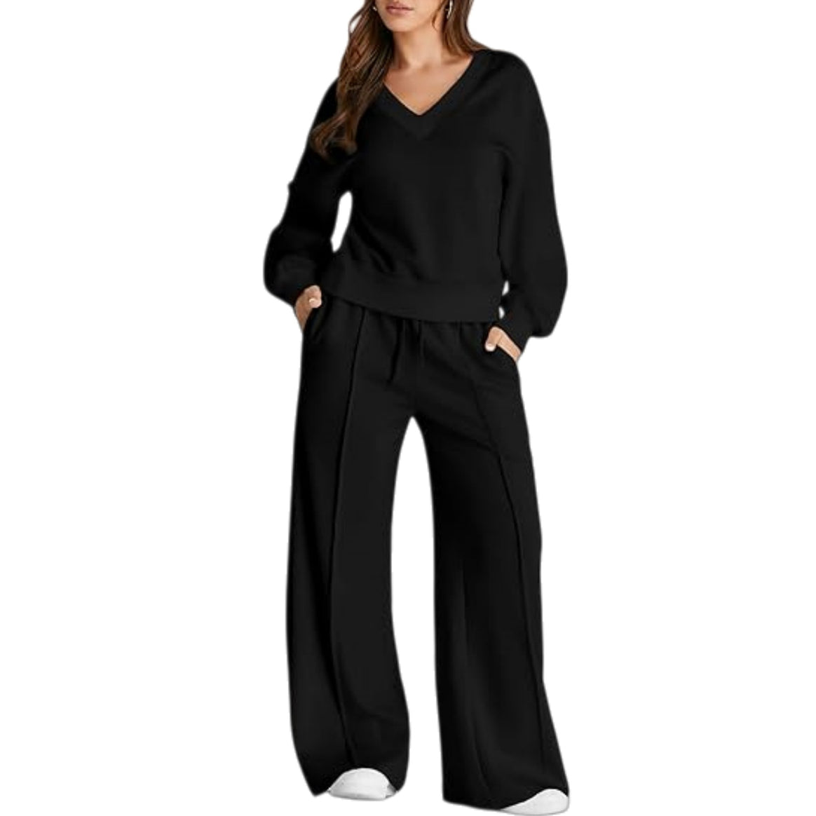 Women's Casual V-Neck Leisure Set with Wide Jogging Pants Mune Fashion