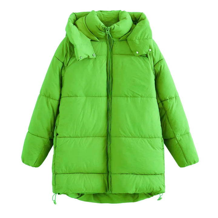 Women's quilted long puffer with high collar, concealed zip and drawstring hem Mune Fashion