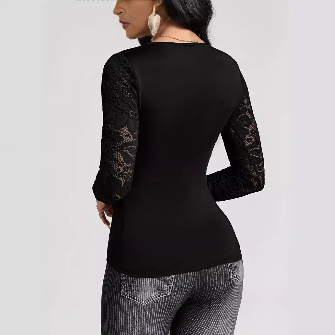 Women's fitted draped top with deep V-neck, gathers, and floral lace sleeves Mune Fashion