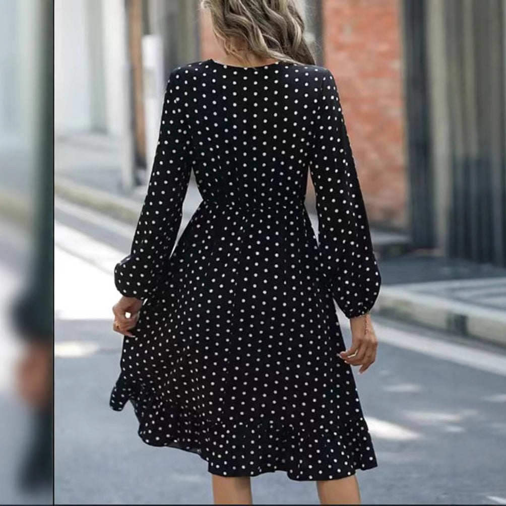 Ladies' dotted A-line midi dress with V-neck, smocked waist and two-tiered ruffle Mune Fashion