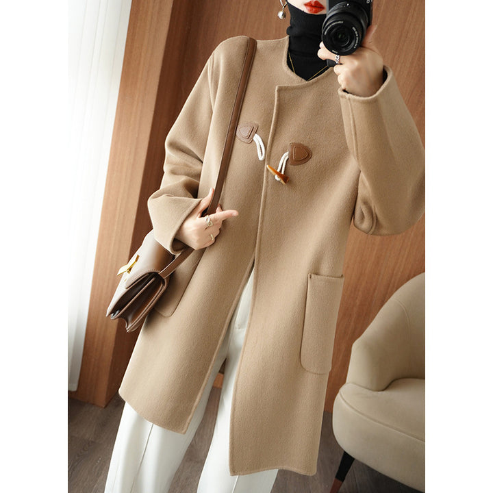 Women's Mid-length Wool Blend Coat with KnMune Fashion Fastenings, Boxy Silhouette and Patch Pockets Mune Fashion