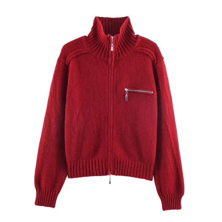 Women's Chunky Knit Zip-Up Cardigan with High Ribbed Collar and Chest Pocket Mune Fashion
