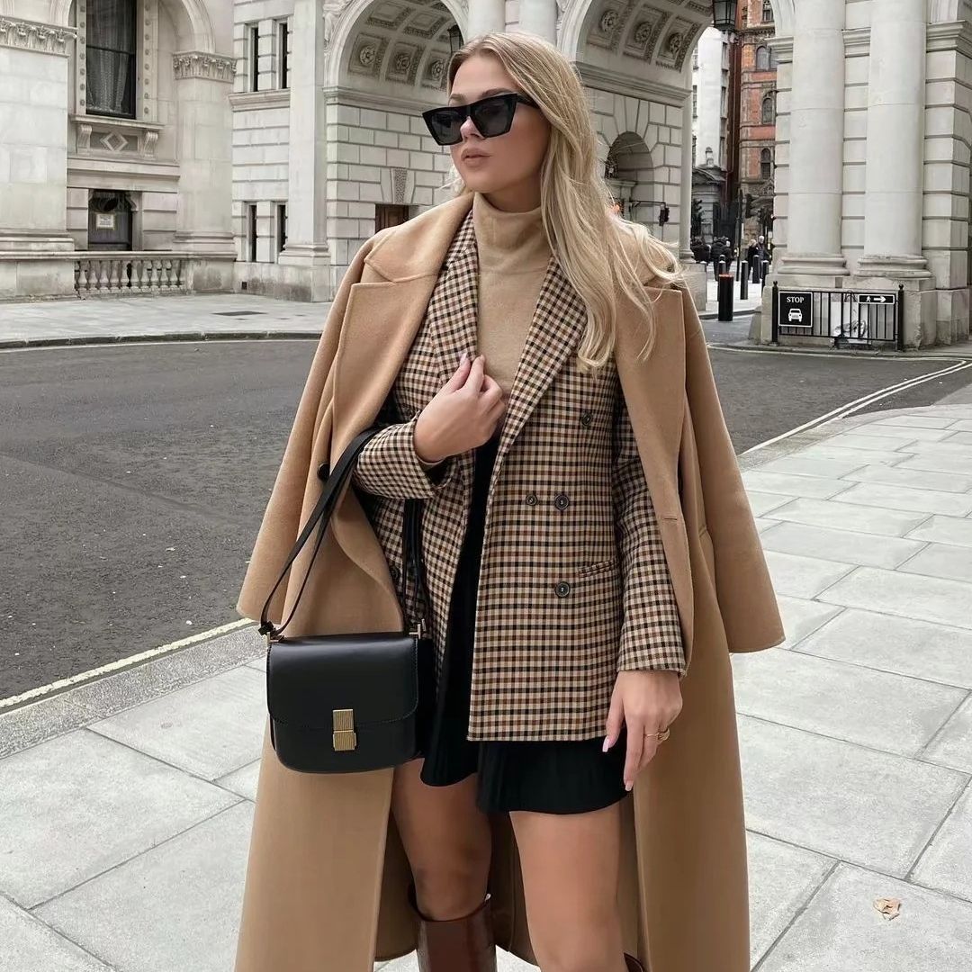 Women's Double-Breasted Wool Blend Blazer in Glen Check/Houndstooth with Slightly Boxy Cut Mune Fashion