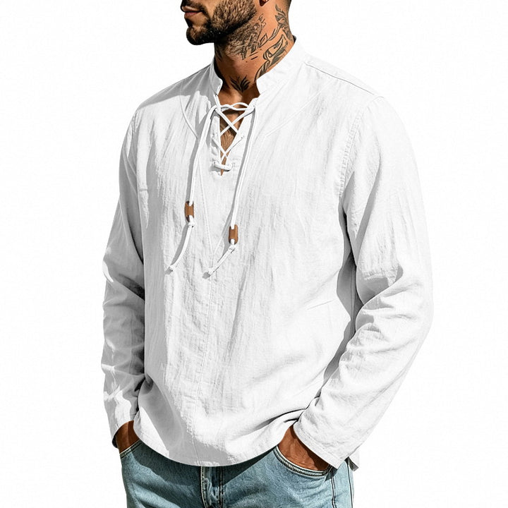 Men's linen shirt with stand-up collar and lacing Mune Fashion