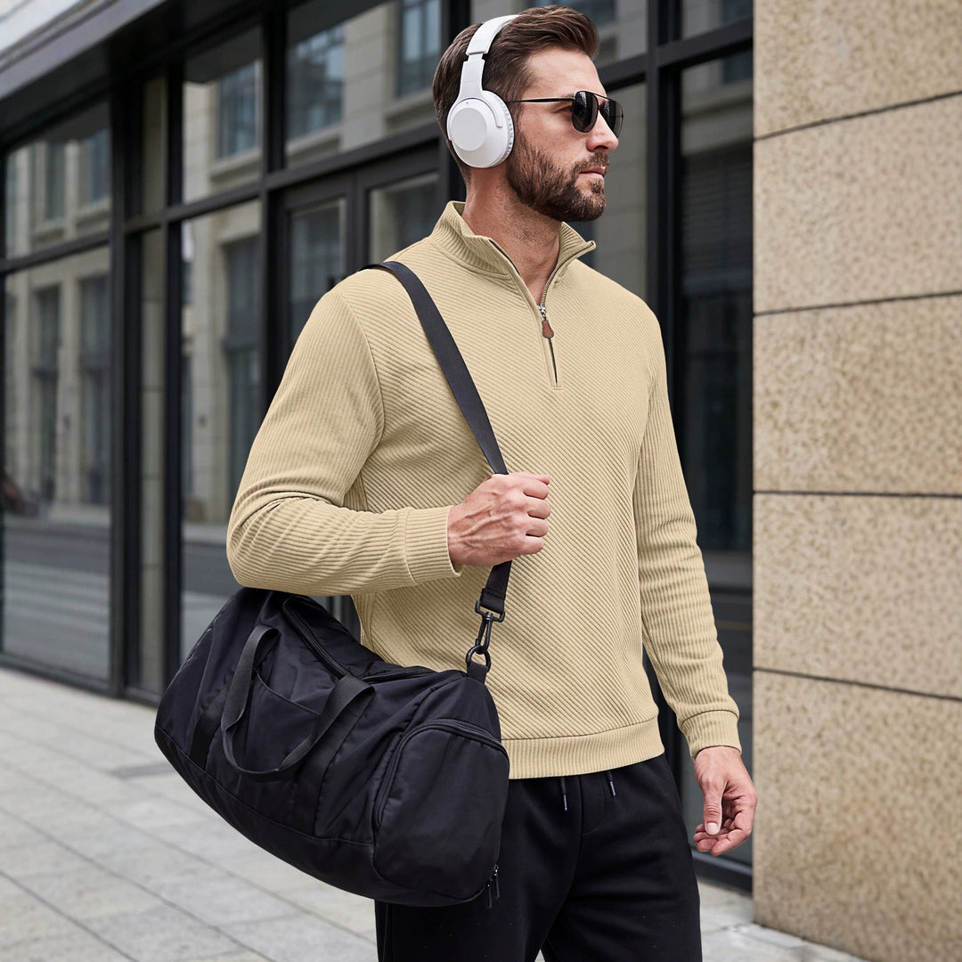 Men's ribbed knitted polo with half zip and stand-up collar Mune Fashion