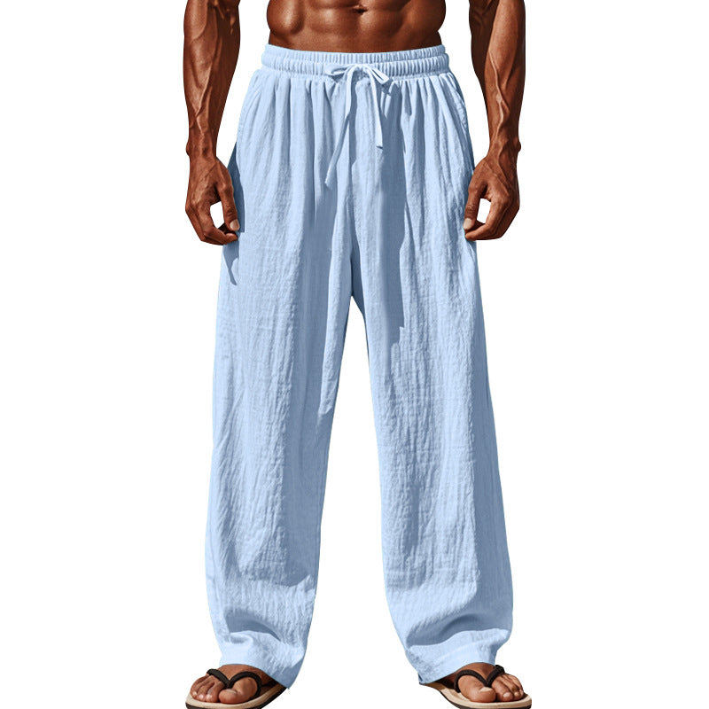 Men's loose linen lounge pants with elastic drawstring waistband, cord drawstring, and straight leg Mune Fashion