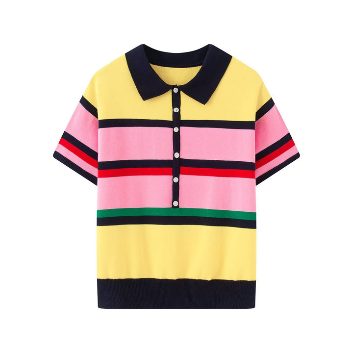 Women's Short-Sleeved Striped Fine Knit Polo Shirt with Continuous Button Placket Mune Fashion