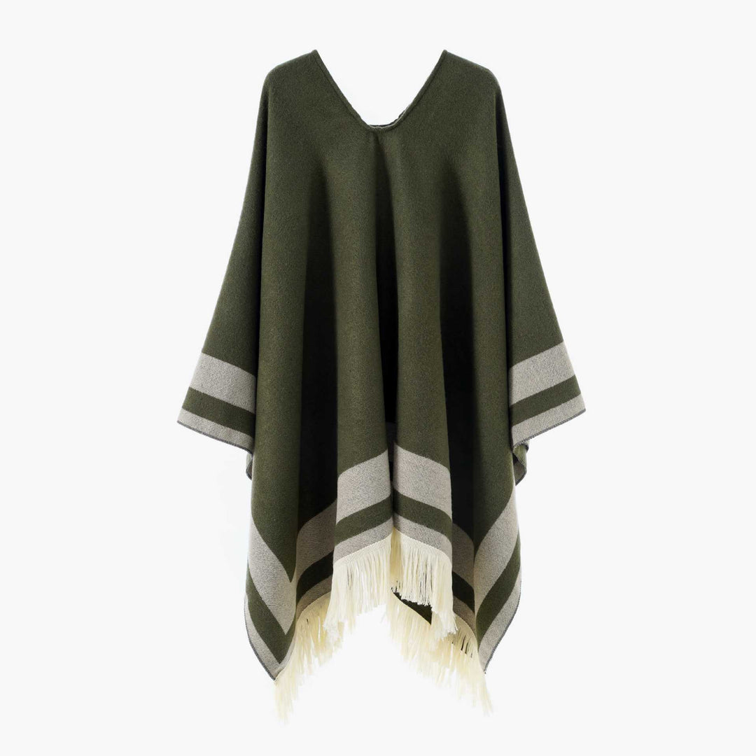 Women Oversize Poncho-Cape with V-neck and Fringe Hem Mune Fashion