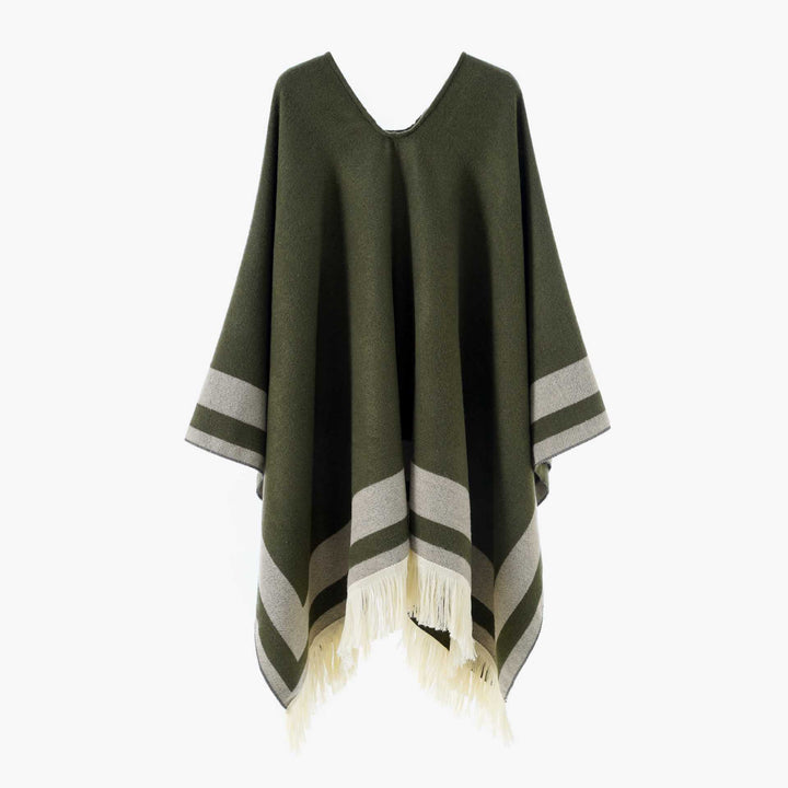 Women Oversize Poncho-Cape with V-neck and Fringe Hem Mune Fashion