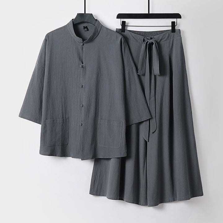 Ladies Two-Piece Lightweight Lounge Set with Stand-up Collar, Short Sleeve Jacket and Wide Palazzo Skirt Mune Fashion