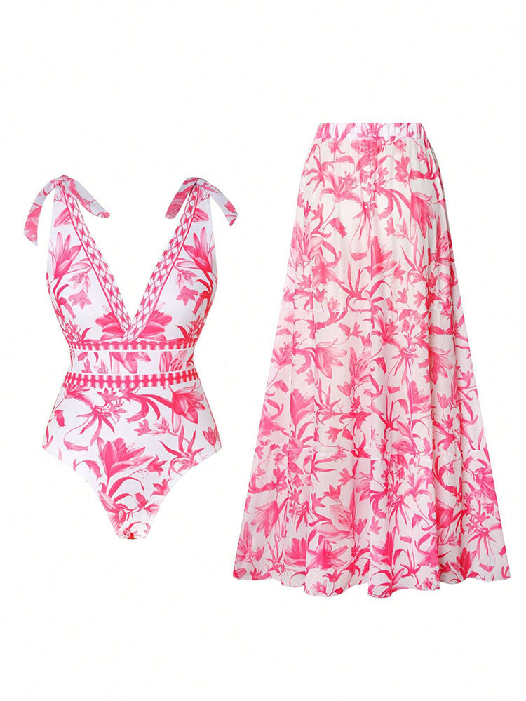 Women's swimsuit set with floral design and matching skirt Mune Fashion
