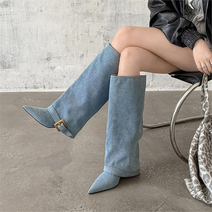 Ladies Knee-High Slouch Boots with Pointed Toe Shape, Slim Heel and Decorative Buckle Cuff Mune Fashion