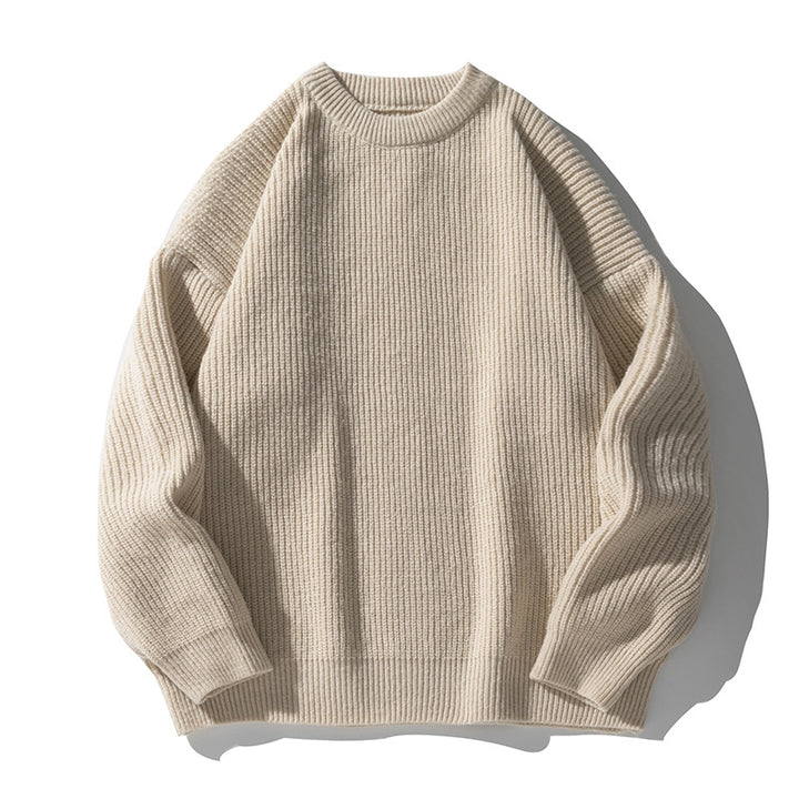 Unisex chunky knit round neck pullover with drop shoulder and distinctive ribbed texture Mune Fashion