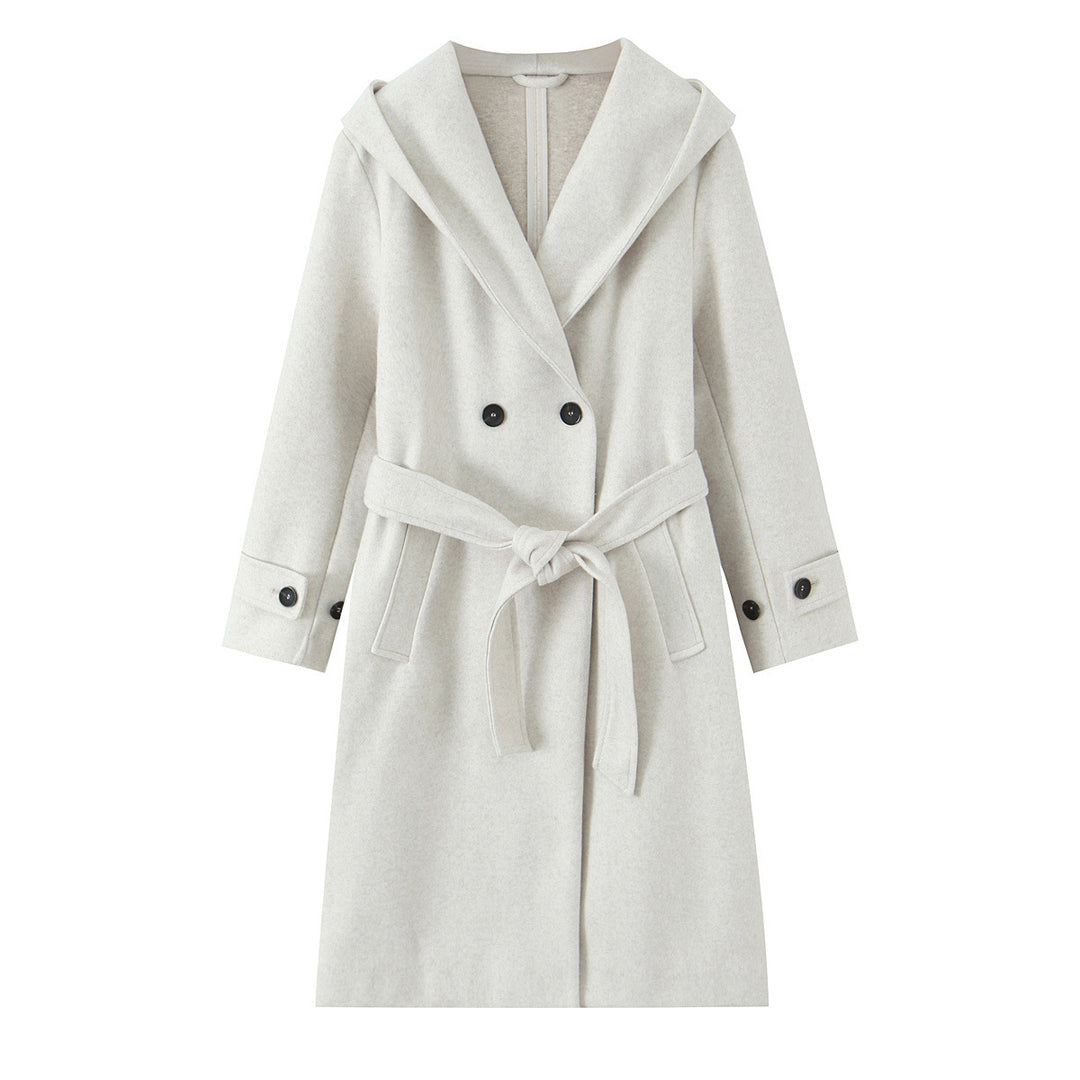 Women's Longer Tailored Coat with Hood, Tie Belt and Double-Breasted Button Placket Mune Fashion