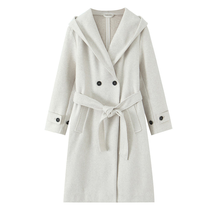 Women's Longer Tailored Coat with Hood, Tie Belt and Double-Breasted Button Placket Mune Fashion