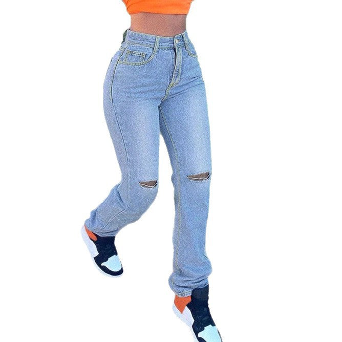 Women's high-waisted jeans with straight leg, knee rips, and stacked hem Mune Fashion