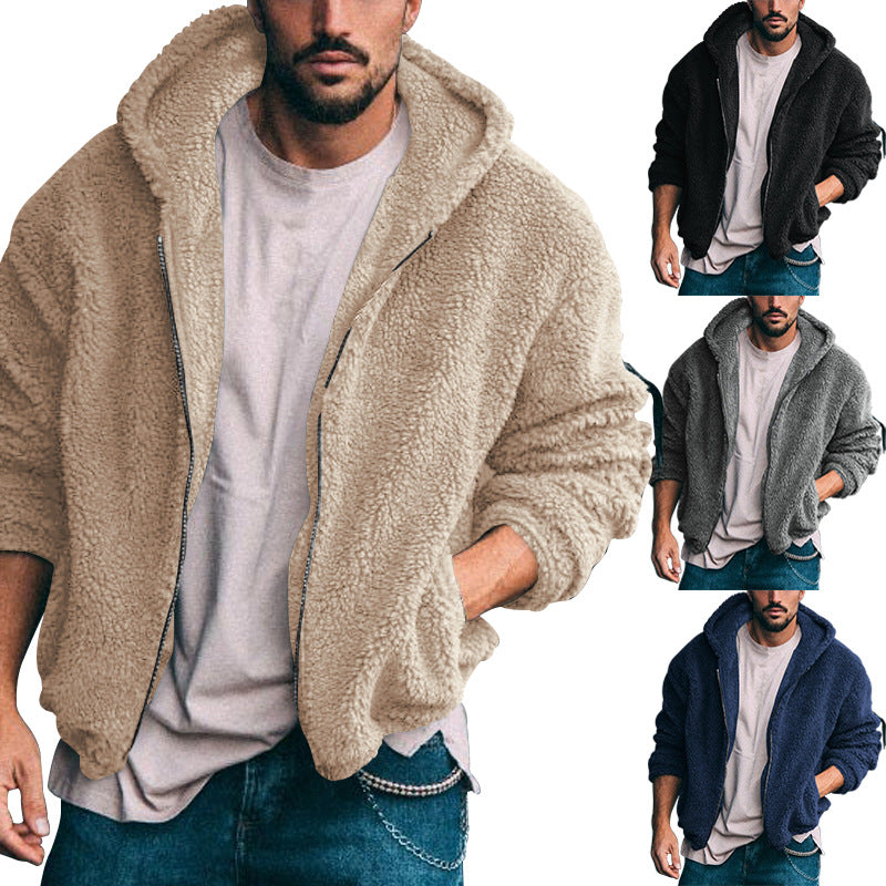 Men's Oversized Teddy-Fleece Hooded Jacket with Utility Arm Pocket, Front Zipper and Elastic Hem Mune Fashion