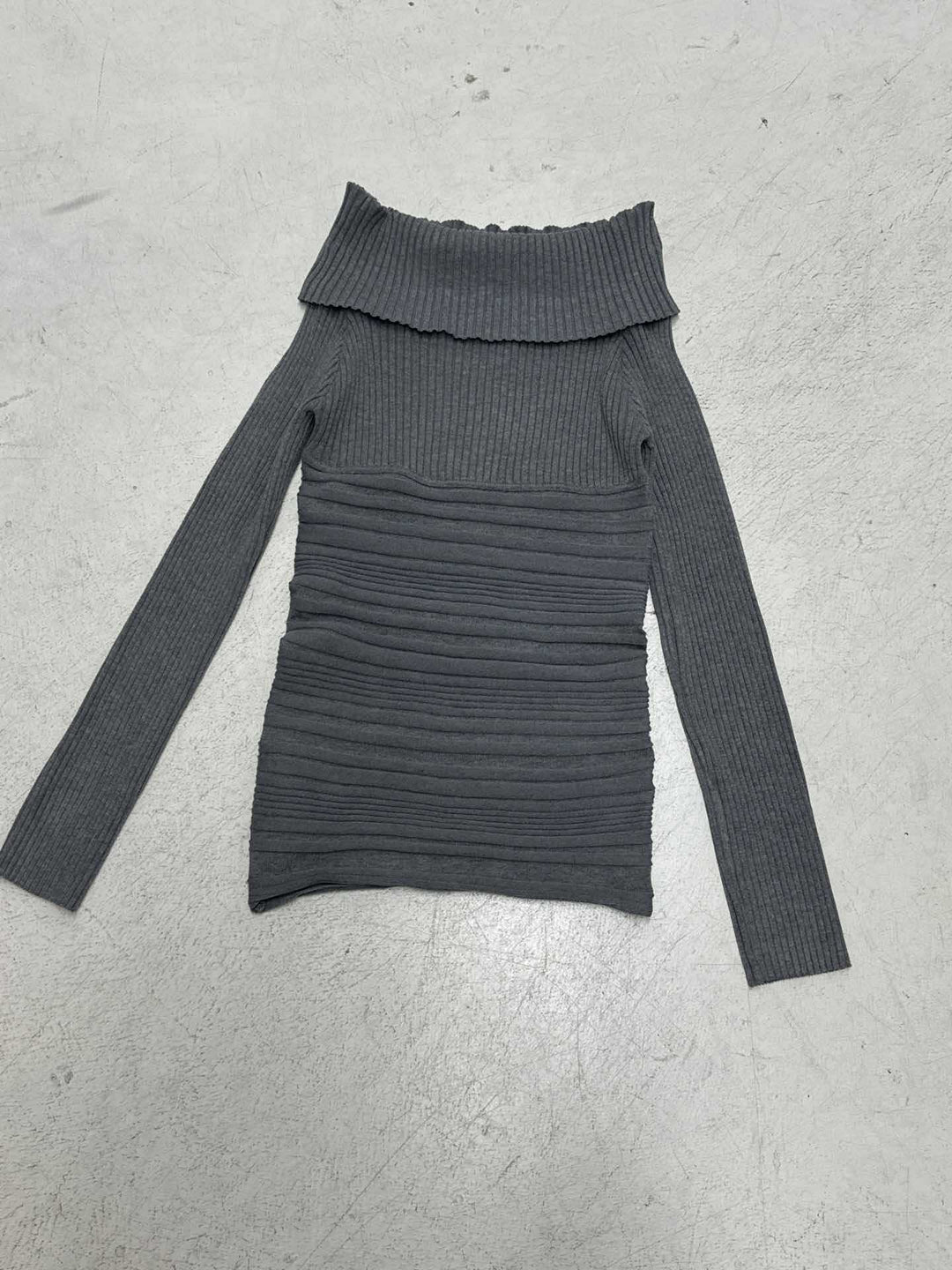 Women's off-shoulder bodycon rib knit dress with wrap collar, vertical gathering and long sleeves Mune Fashion