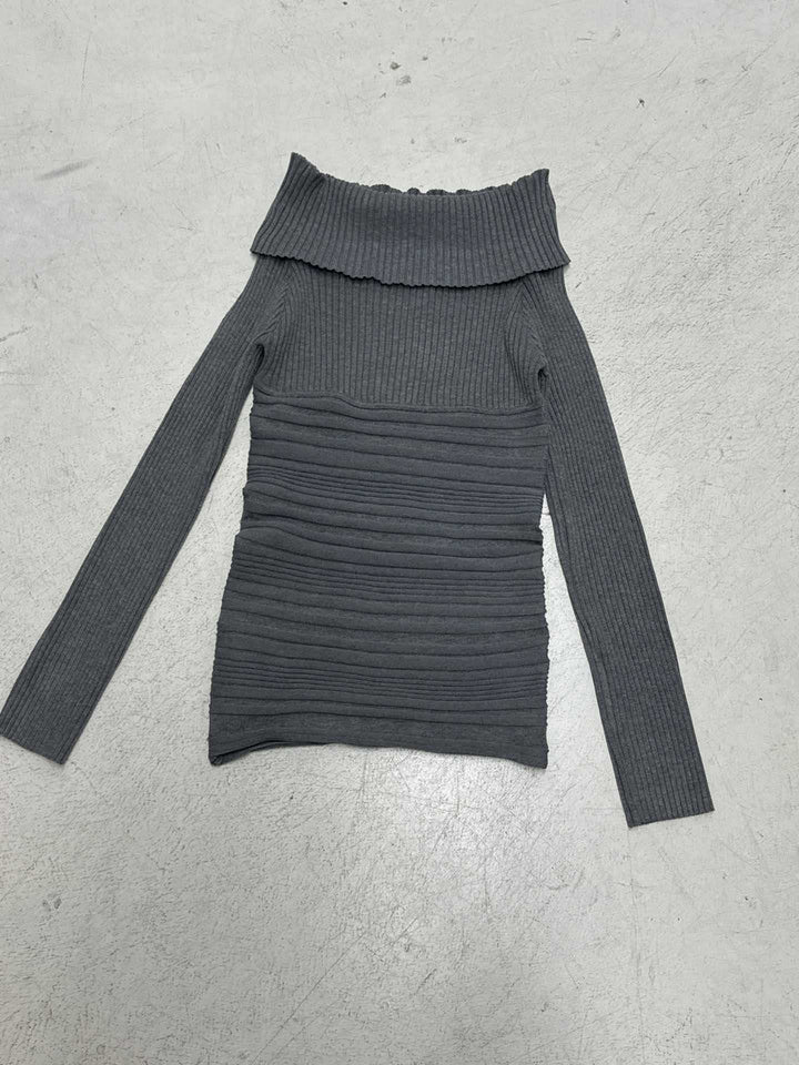 Women's off-shoulder bodycon rib knit dress with wrap collar, vertical gathering and long sleeves Mune Fashion