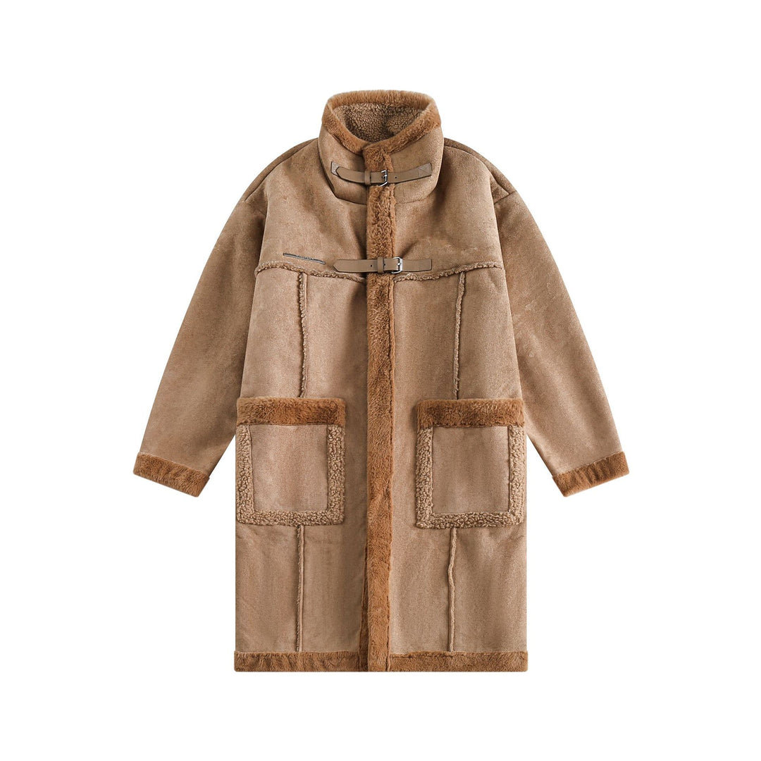 Women Long Oversize Sheepskin Imitation Coat with Stand-up Collar and Buckle Closure Mune Fashion