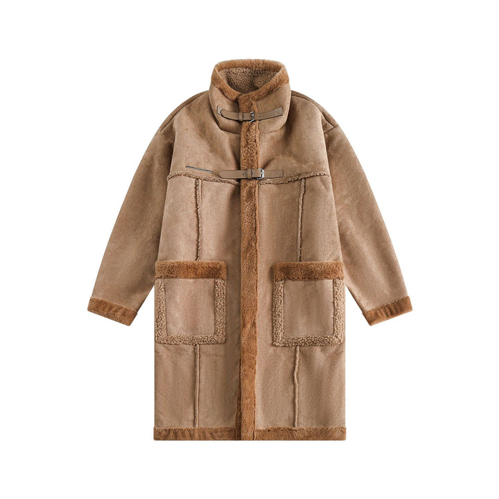 Women Long Oversize Sheepskin Imitation Coat with Stand-up Collar and Buckle Closure Mune Fashion
