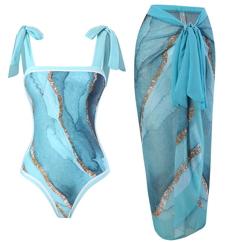 Damen Wickelrock mit elegantem Aquarell-Muster und Bindegürtel Echo Archiv