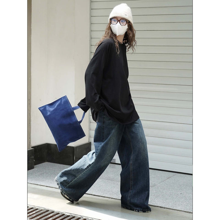 Women's Loose Extra-Long Cotton Sweatshirt with Raglan Sleeves and Rounded Hem