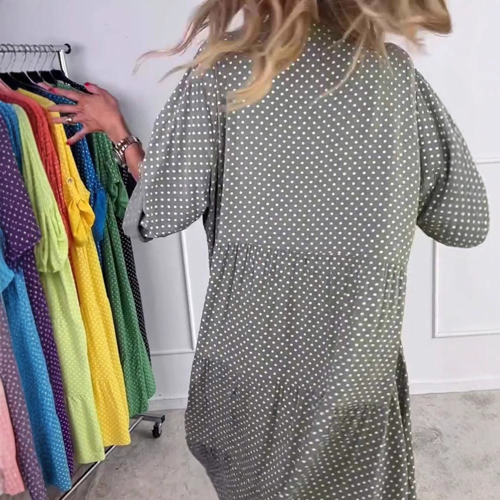 Women's lightweight flowing midi dress with polka dot pattern, tiered skirt and roll-up sleeves Mune Fashion