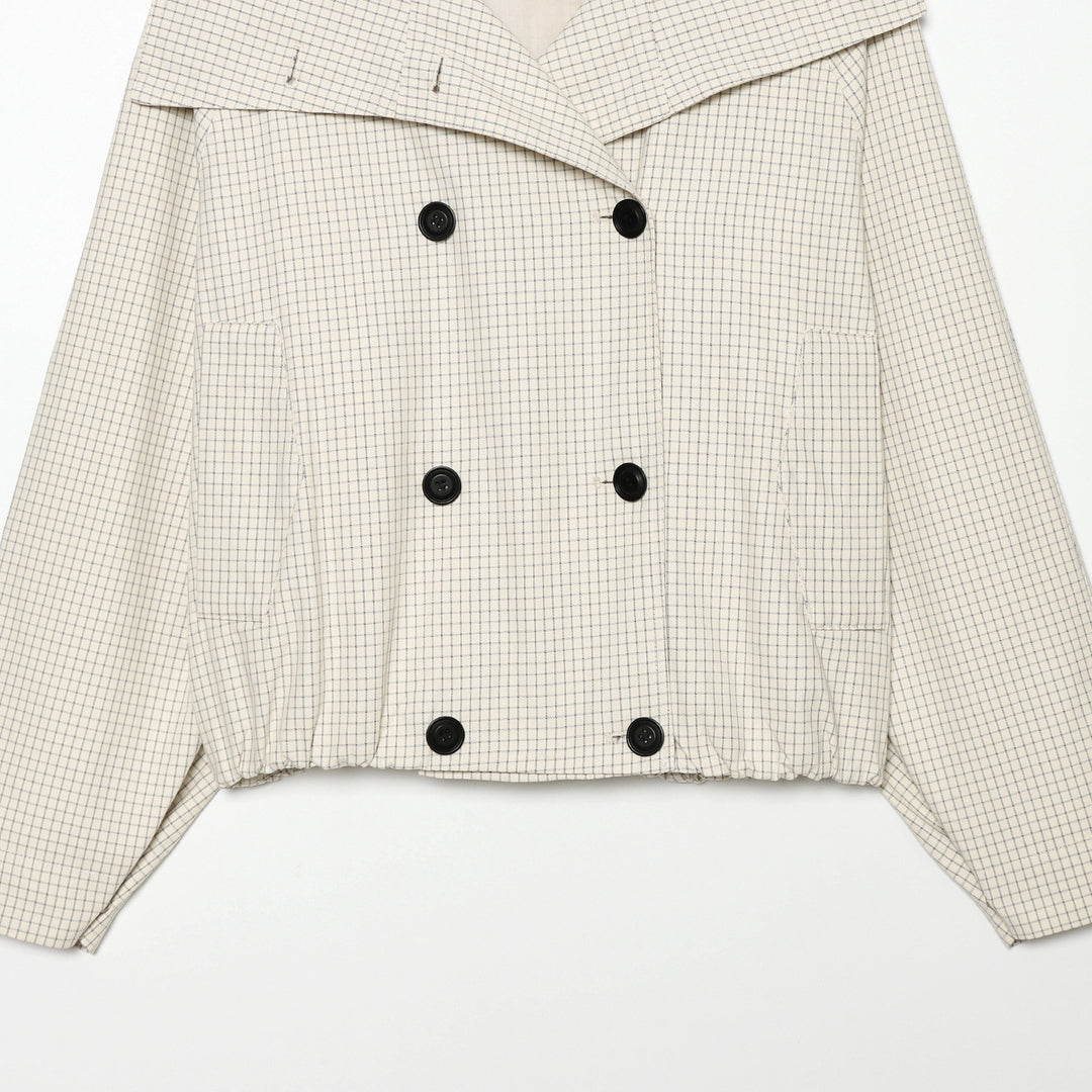 Women's Cropped Short Trench Coat with Wide Shawl Collar, Checkered Grid Print and Elastic Hem