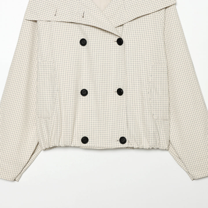 Women's Cropped Short Trench Coat with Wide Shawl Collar, Checkered Grid Print and Elastic Hem