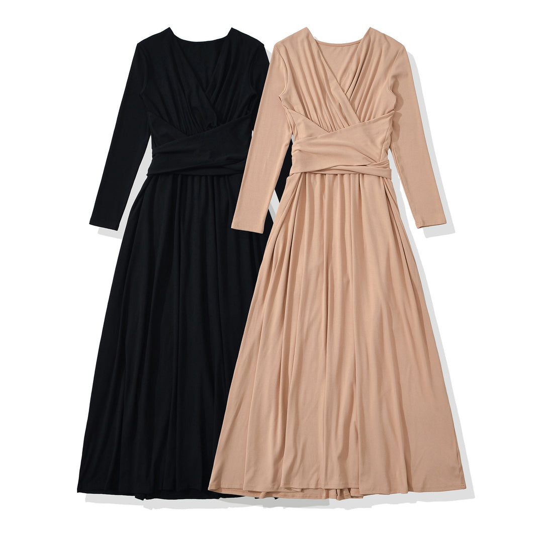Women's Maxi Wrap Dress with Tailored Wrap Section and Long Sleeves Mune Fashion