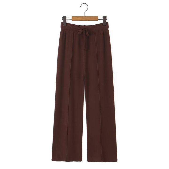 Women Wide Knit Trousers with Ribbed Waistband, Drawstring and Crease Mune Fashion
