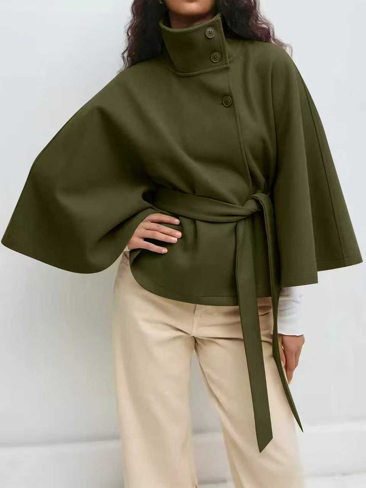 Women's Widely Cut Cape Coat with High Stand-up Collar, Button Placket, and Tie Belt Mune Fashion