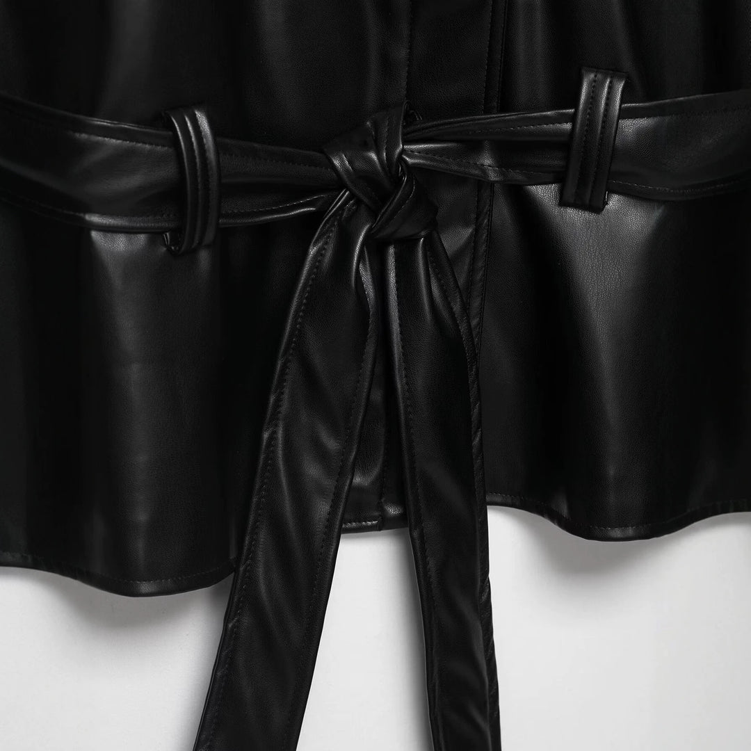 Women Short Leather Look Trench Coat with Waist Belt and Dolman Sleeves Mune Fashion