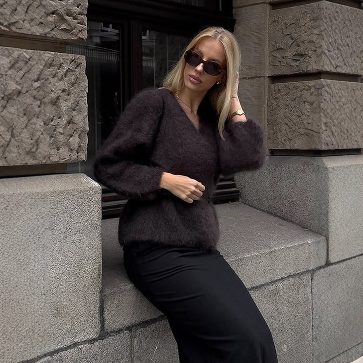 Women's Fluffy Mohair Sweater with Balloon Sleeves and Slightly Cropped Cut Mune Fashion