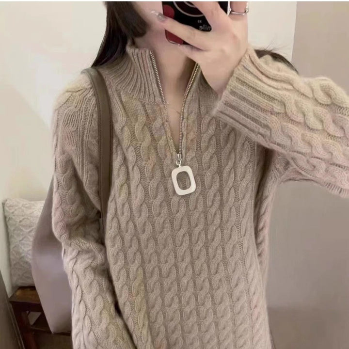 Women Oversize Cable Knit Fine Knit Sweater with Half Zipper and Stand-up Collar Mune Fashion