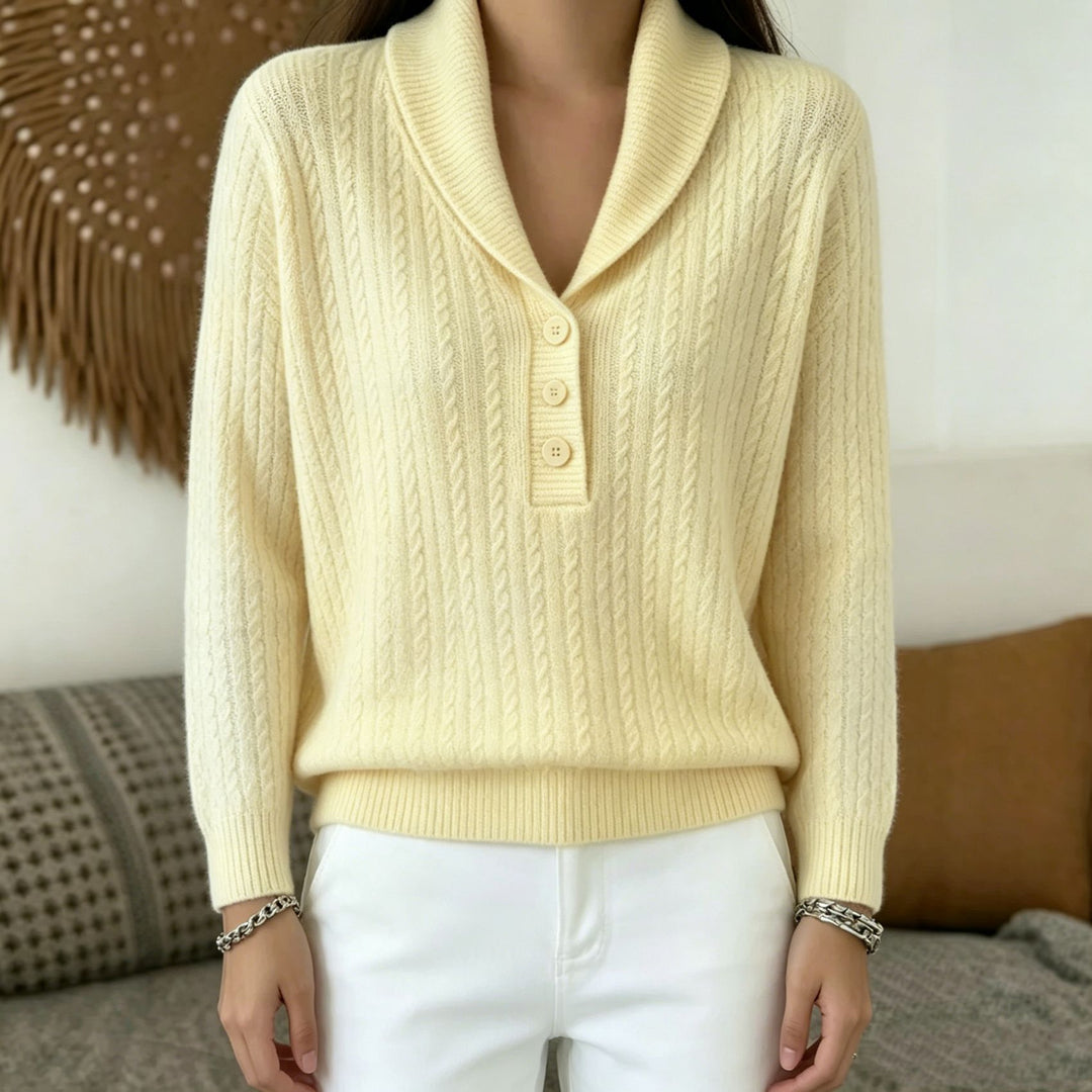 Women's knitted sweater with shawl collar, cable pattern, and button placket Mune Fashion