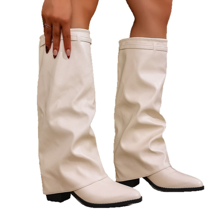 Women's knee-high slouch boots with pointed toe, low block heel, and decorative shaft strap Mune Fashion