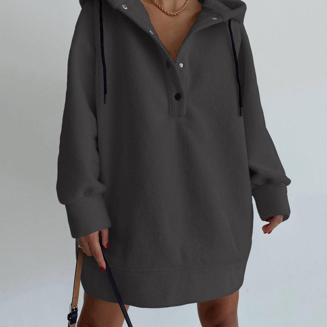 Women's cozy hooded fleece tunic sweatshirt with snap button placket and dropped shoulder Mune Fashion