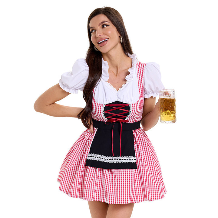 Ladies' short checked traditional Dirndl with lacing puff sleeves and apron Mune Fashion