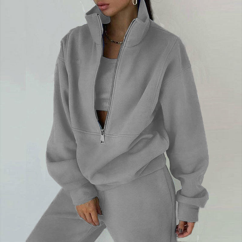 Ladies nan short half-zip sweatshirt and jogging pants set with stand-up collar, oversized cut and soft French terry Mune Fashion
