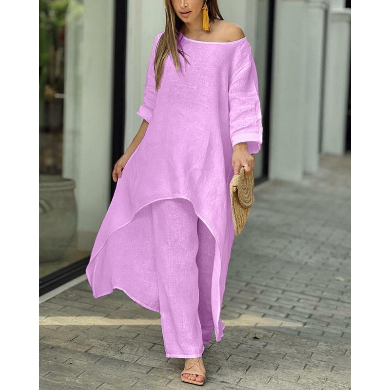 Women Lightweight Linen Two-Piece with Asymmetrical High-Low Tunic and Wide Palazzo Pants Mune Fashion