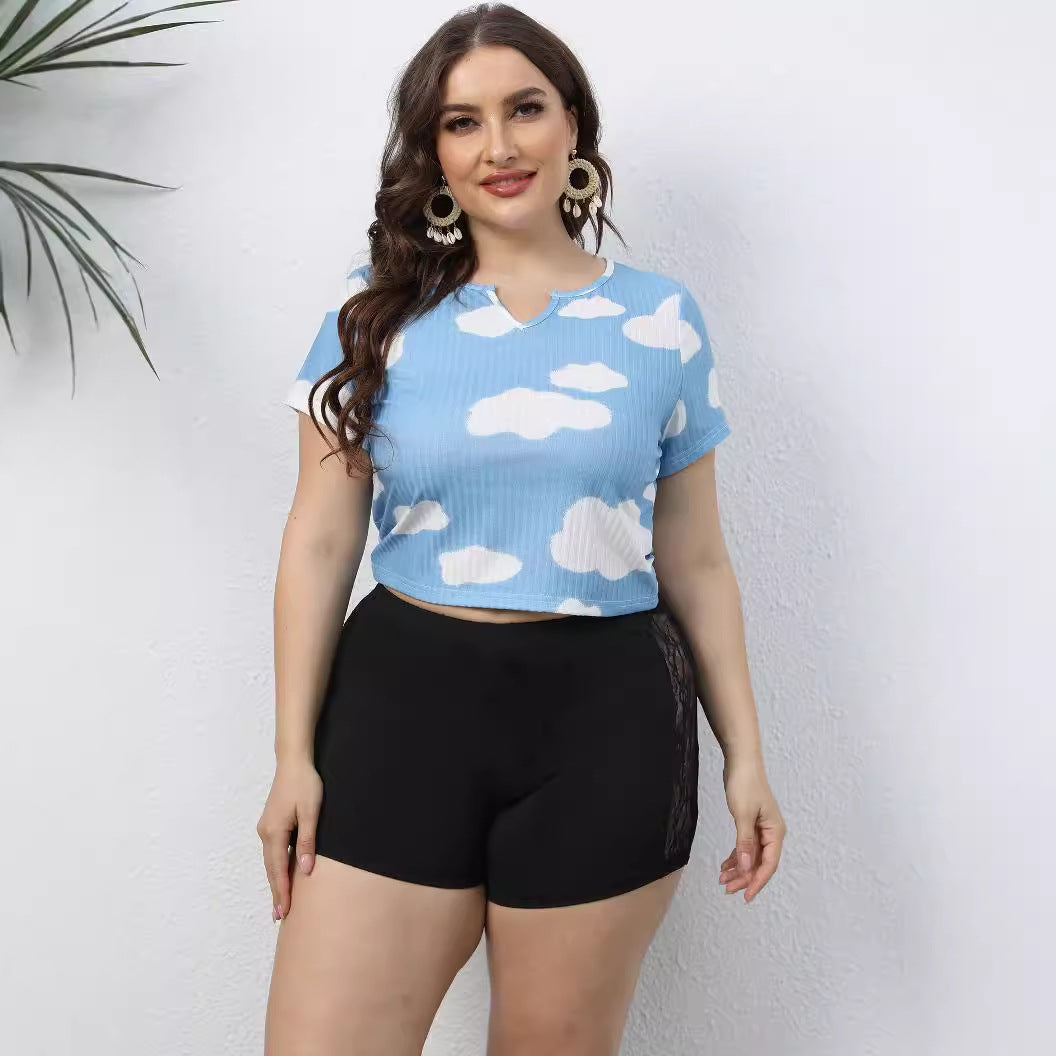 Women's Casual Cropped T-Shirt with Cloud Pattern Mune Fashion
